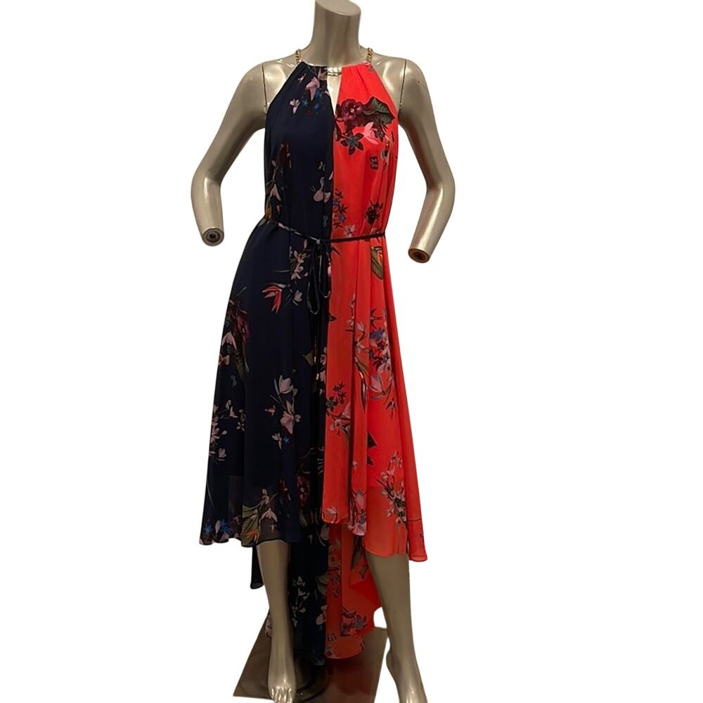 Ted Baker London Floral High Low Halter Chain Neck Dress Colorblock  Cocktail 2